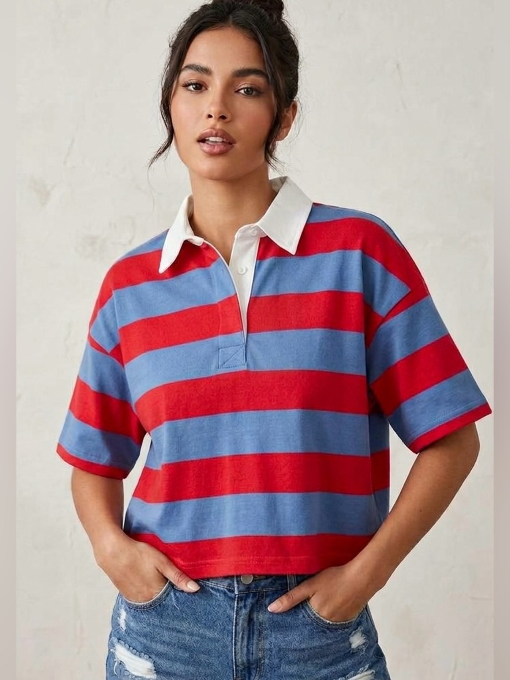 Tuckernuck Striped Rugby Polo White Collar Red Blue Boxy Oversized Crop Size XS